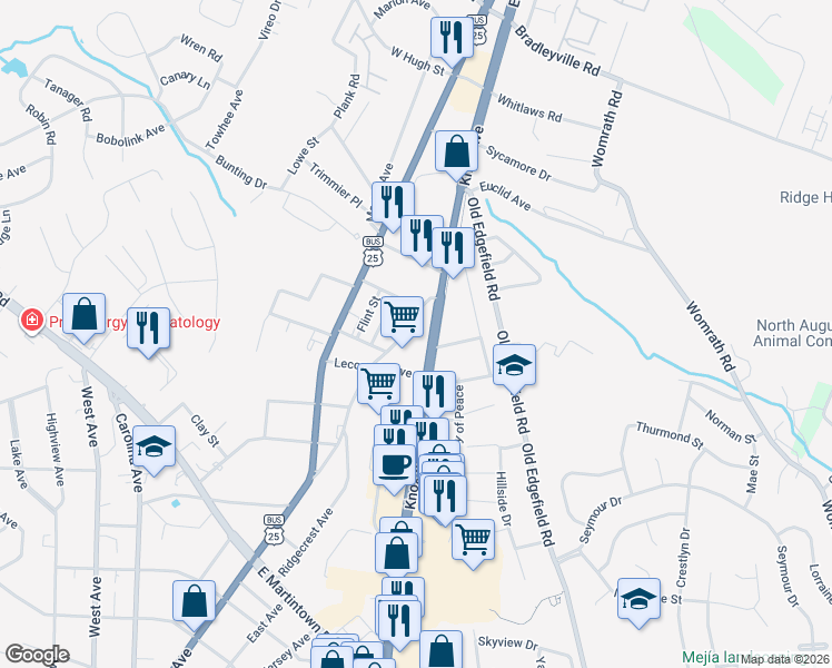 map of restaurants, bars, coffee shops, grocery stores, and more near 1500-1526 Knox Avenue in North Augusta
