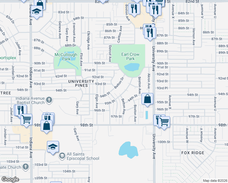 map of restaurants, bars, coffee shops, grocery stores, and more near 2806 95th St in Lubbock