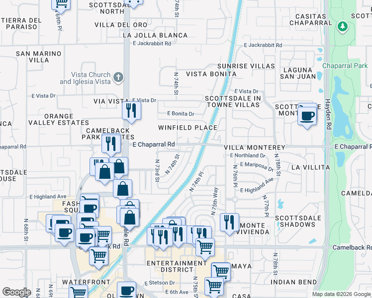 map of restaurants, bars, coffee shops, grocery stores, and more near 7414 East Northland Drive in Scottsdale