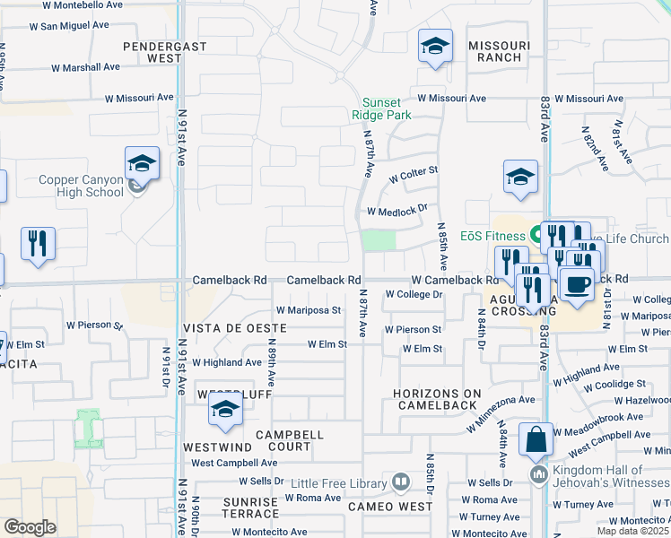 map of restaurants, bars, coffee shops, grocery stores, and more near 8802 West Camelback Road in Glendale