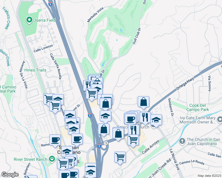 map of restaurants, bars, coffee shops, grocery stores, and more near 27371 Via Priorato in San Juan Capistrano