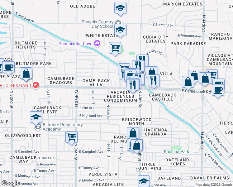 map of restaurants, bars, coffee shops, grocery stores, and more near 3825 East Camelback Road in Phoenix
