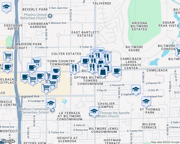 map of restaurants, bars, coffee shops, grocery stores, and more near 2375 East Camelback Road in Phoenix