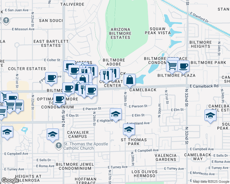 map of restaurants, bars, coffee shops, grocery stores, and more near 2727 East Camelback Road in Phoenix
