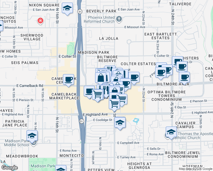 map of restaurants, bars, coffee shops, grocery stores, and more near 1992 E Camelback Rd in Phoenix