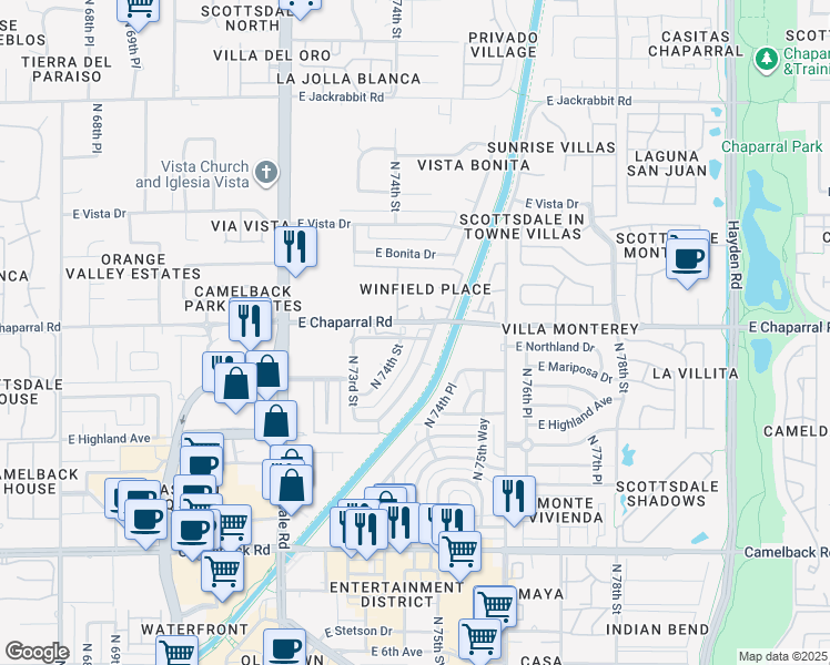 map of restaurants, bars, coffee shops, grocery stores, and more near 4916 North Woodmere Fairway in Scottsdale