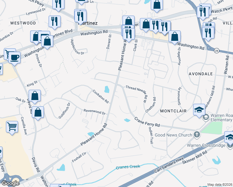 map of restaurants, bars, coffee shops, grocery stores, and more near 3326 Crane Ferry Road in Augusta