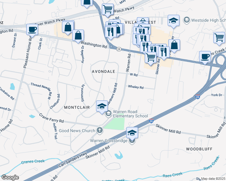 map of restaurants, bars, coffee shops, grocery stores, and more near 127 Gardners Mill Road in Augusta