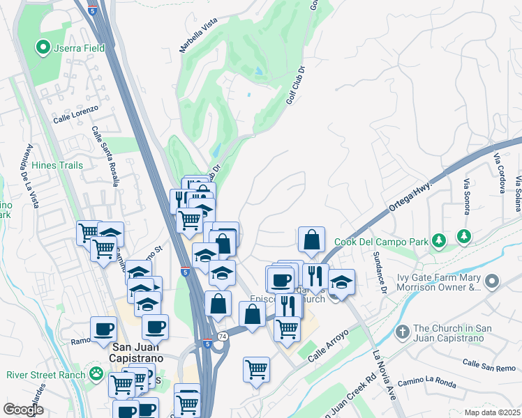 map of restaurants, bars, coffee shops, grocery stores, and more near 27402 Paseo Boveda in San Juan Capistrano