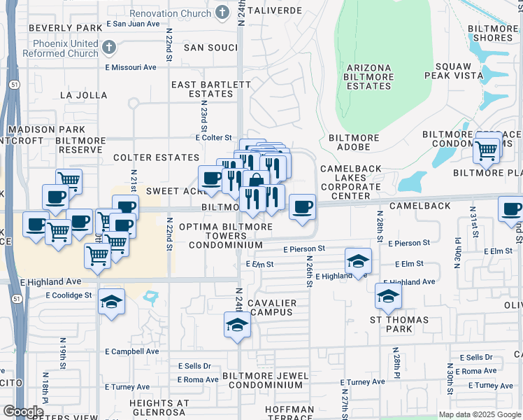 map of restaurants, bars, coffee shops, grocery stores, and more near 2415 East Camelback Road in Phoenix