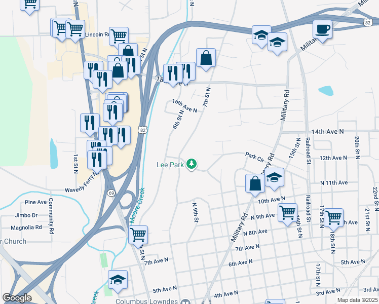 map of restaurants, bars, coffee shops, grocery stores, and more near 1206 7th Street North in Columbus