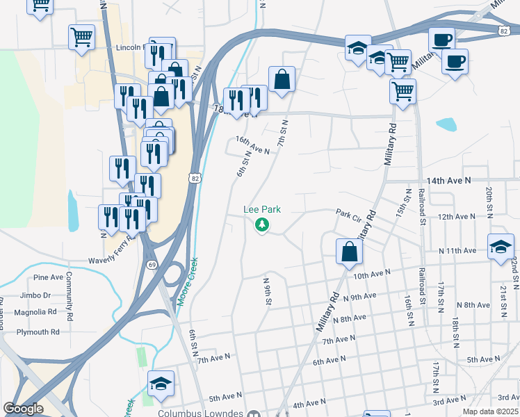 map of restaurants, bars, coffee shops, grocery stores, and more near 1206 7th Street North in Columbus