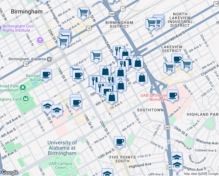 map of restaurants, bars, coffee shops, grocery stores, and more near 500 23rd Street South in Birmingham