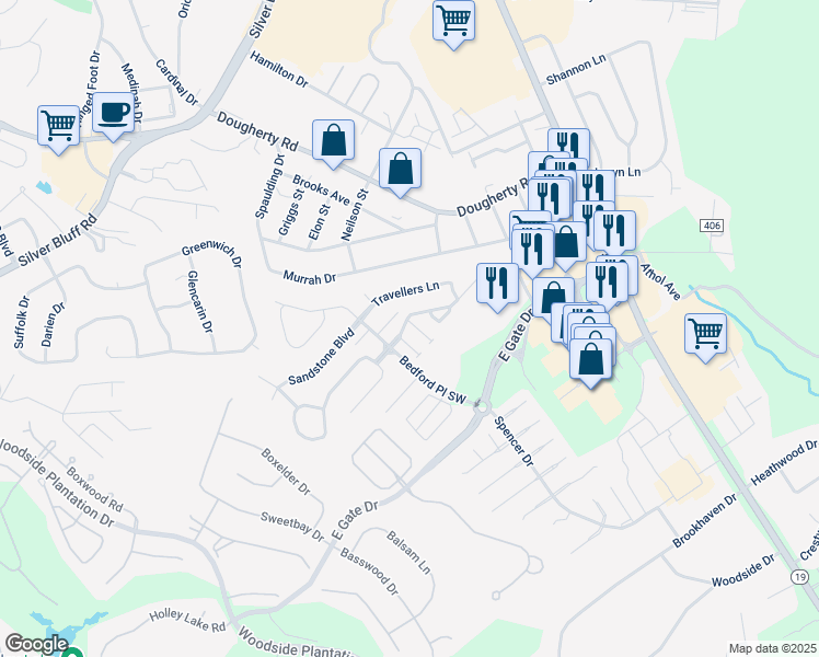 map of restaurants, bars, coffee shops, grocery stores, and more near 104 Shelby Drive in Aiken