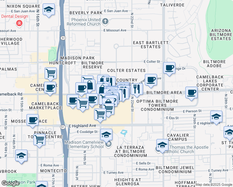 map of restaurants, bars, coffee shops, grocery stores, and more near 2101 East Camelback Road in Phoenix