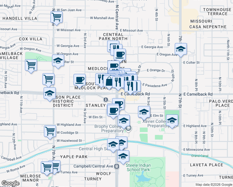 map of restaurants, bars, coffee shops, grocery stores, and more near in Phoenix