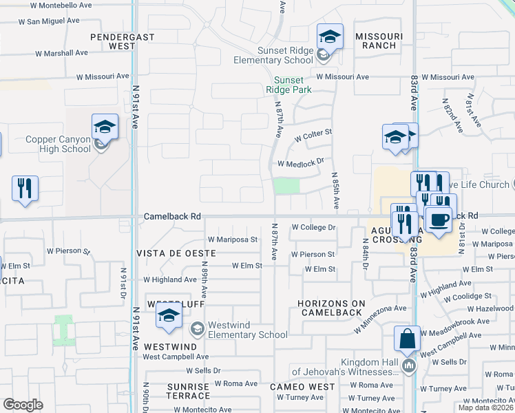map of restaurants, bars, coffee shops, grocery stores, and more near 8802 West Camelback Road in Glendale