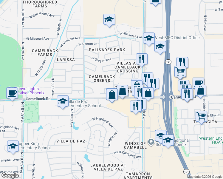 map of restaurants, bars, coffee shops, grocery stores, and more near 5150 North 101st Avenue in Glendale