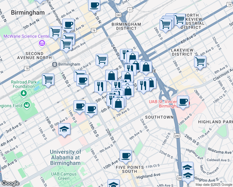 map of restaurants, bars, coffee shops, grocery stores, and more near 2201 5th Avenue South in Birmingham