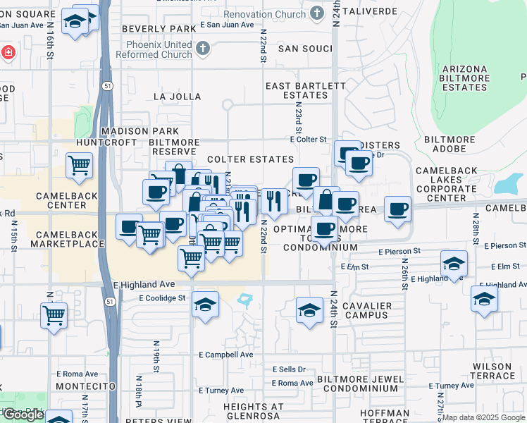 map of restaurants, bars, coffee shops, grocery stores, and more near E Camelback Rd & N 22nd St in Phoenix