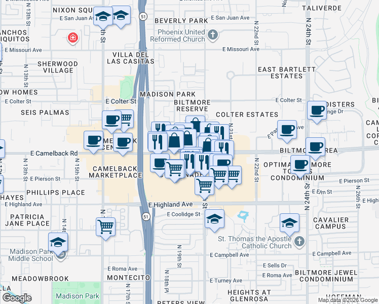 map of restaurants, bars, coffee shops, grocery stores, and more near 1930 East Camelback Road in Phoenix