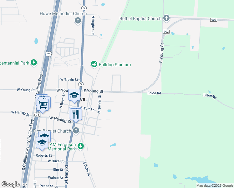 map of restaurants, bars, coffee shops, grocery stores, and more near 503 North Cassandra Street in Howe