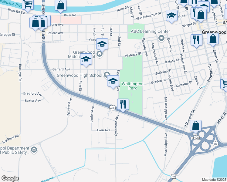 map of restaurants, bars, coffee shops, grocery stores, and more near 616 Sycamore Avenue in Greenwood