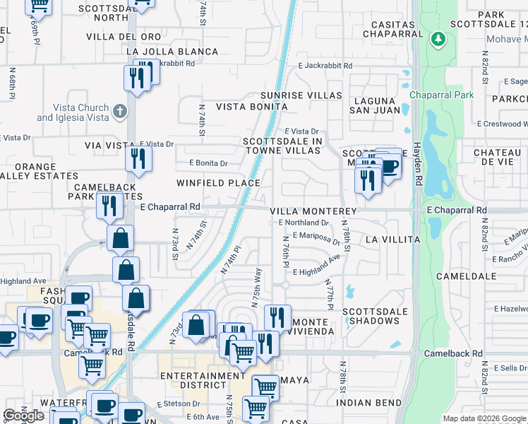 map of restaurants, bars, coffee shops, grocery stores, and more near 5100 North Miller Road in Scottsdale