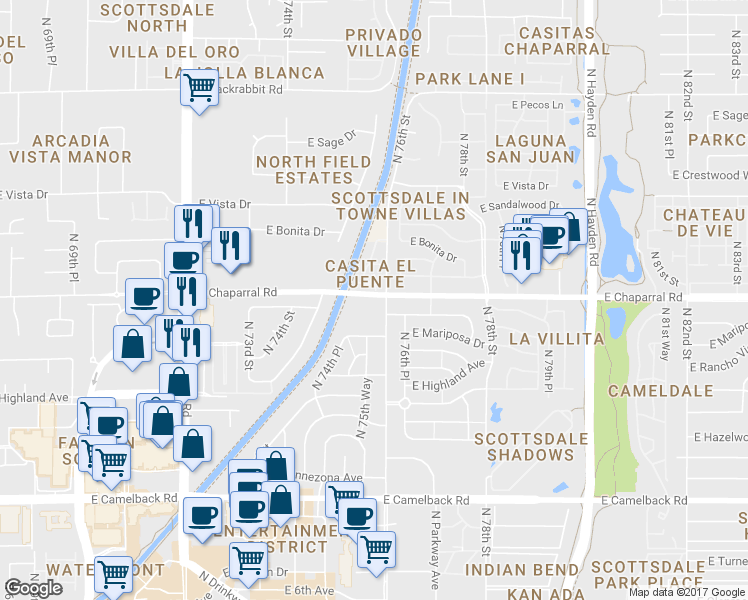 map of restaurants, bars, coffee shops, grocery stores, and more near 5100 North Miller Road in Scottsdale