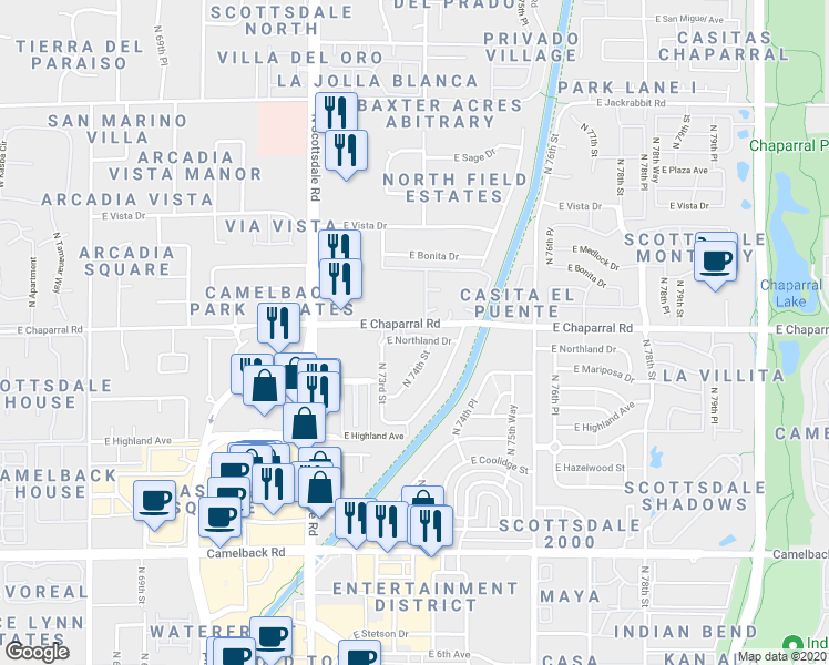 map of restaurants, bars, coffee shops, grocery stores, and more near 7340 East Chaparral Road in Scottsdale