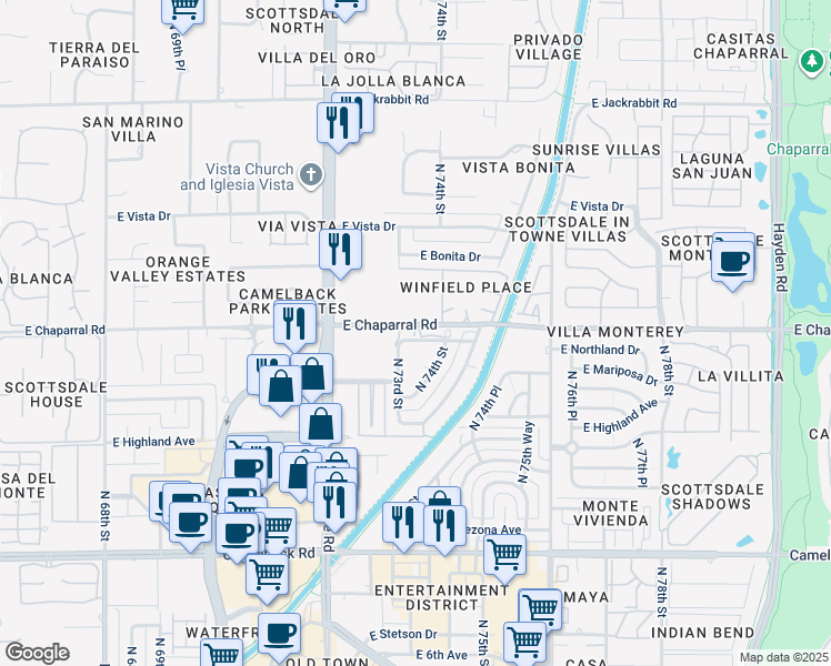 map of restaurants, bars, coffee shops, grocery stores, and more near 7340 East Chaparral Road in Scottsdale