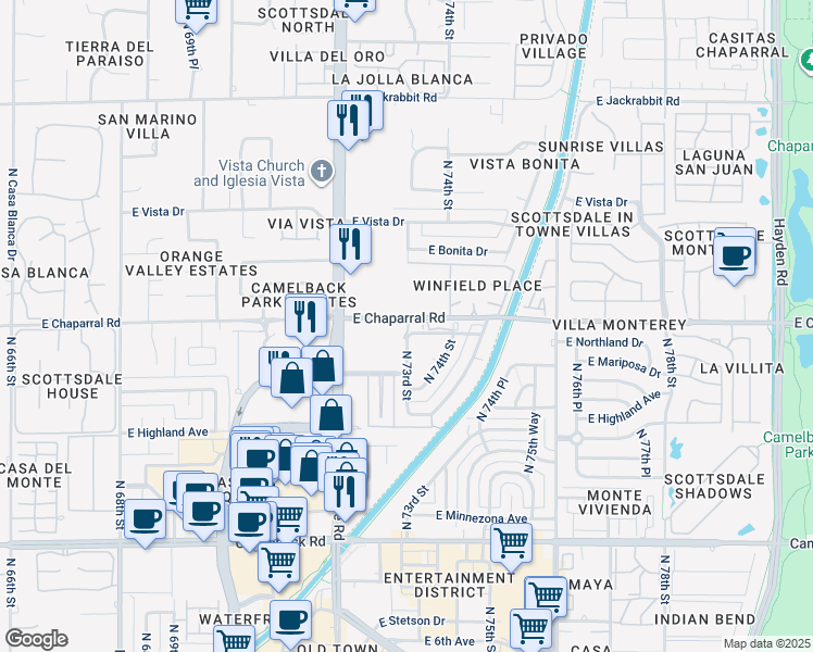 map of restaurants, bars, coffee shops, grocery stores, and more near 5001 North Scottsdale Road in Scottsdale