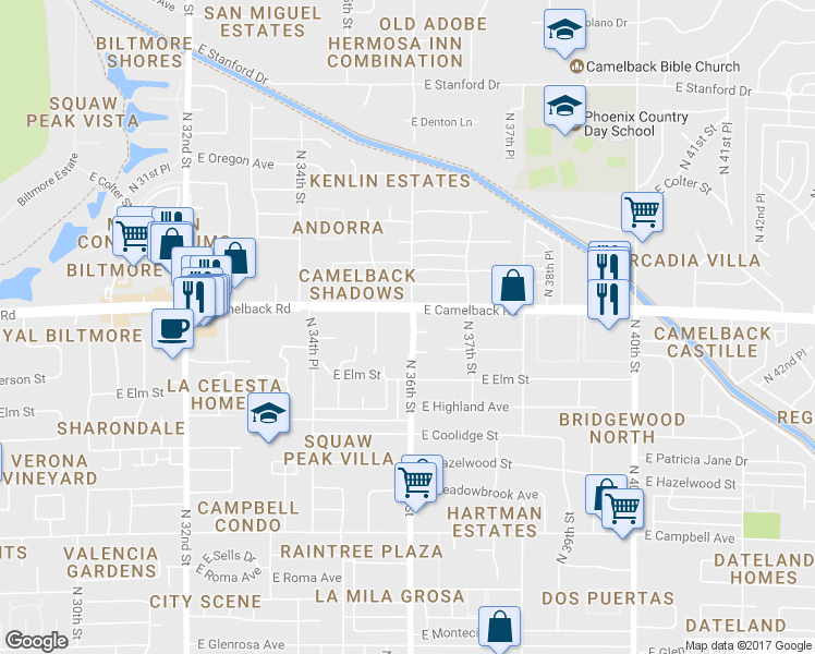 map of restaurants, bars, coffee shops, grocery stores, and more near 3532 East Camelback Road in Phoenix