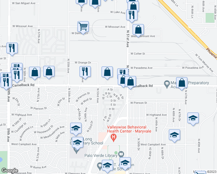 map of restaurants, bars, coffee shops, grocery stores, and more near 5212 North 52nd Avenue in Phoenix