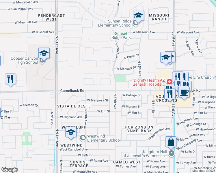 map of restaurants, bars, coffee shops, grocery stores, and more near 8802 West Camelback Road in Glendale