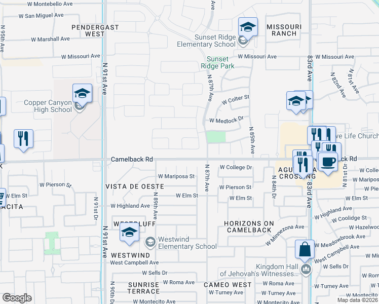 map of restaurants, bars, coffee shops, grocery stores, and more near 8802 West Camelback Road in Glendale