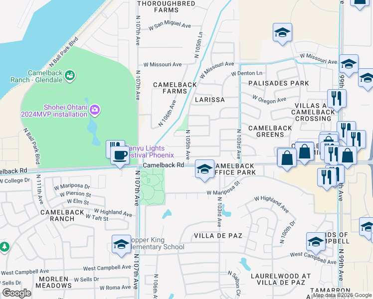 map of restaurants, bars, coffee shops, grocery stores, and more near 10465 West Windsor Boulevard in Glendale