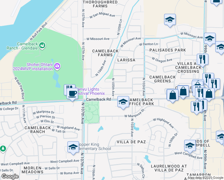 map of restaurants, bars, coffee shops, grocery stores, and more near 10465 West Windsor Boulevard in Glendale
