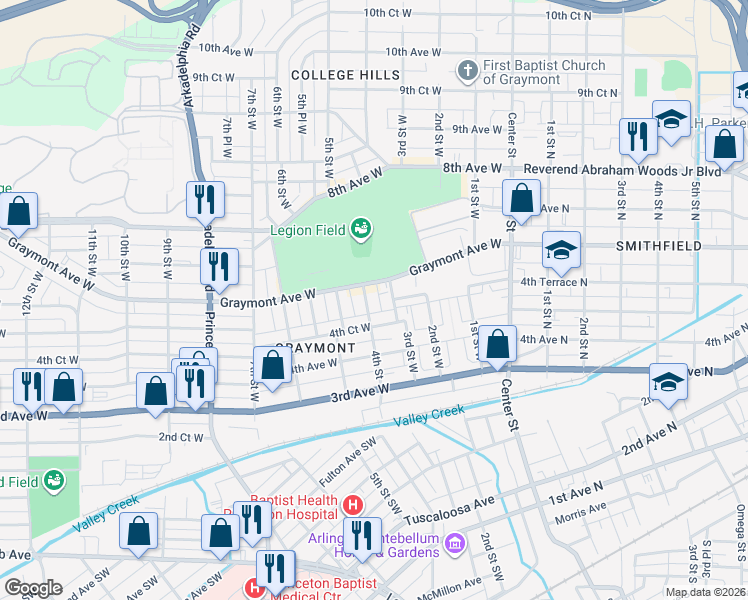 map of restaurants, bars, coffee shops, grocery stores, and more near 400 Graymont Avenue West in Birmingham