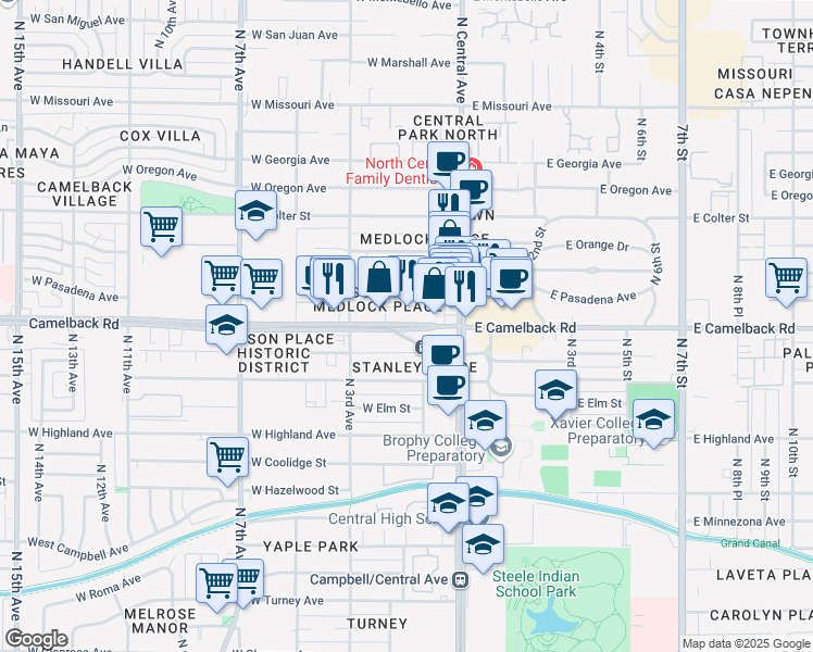 map of restaurants, bars, coffee shops, grocery stores, and more near 100 West Camelback Road in Phoenix
