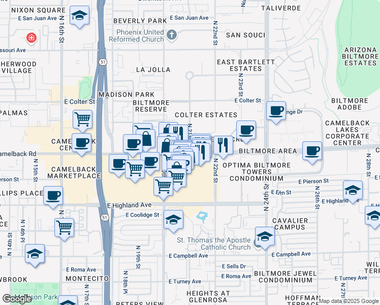 map of restaurants, bars, coffee shops, grocery stores, and more near 2100 East Camelback Road in Phoenix