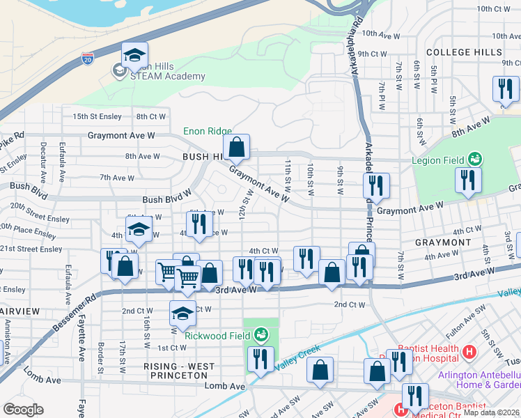 map of restaurants, bars, coffee shops, grocery stores, and more near 1120 5th Avenue West in Birmingham