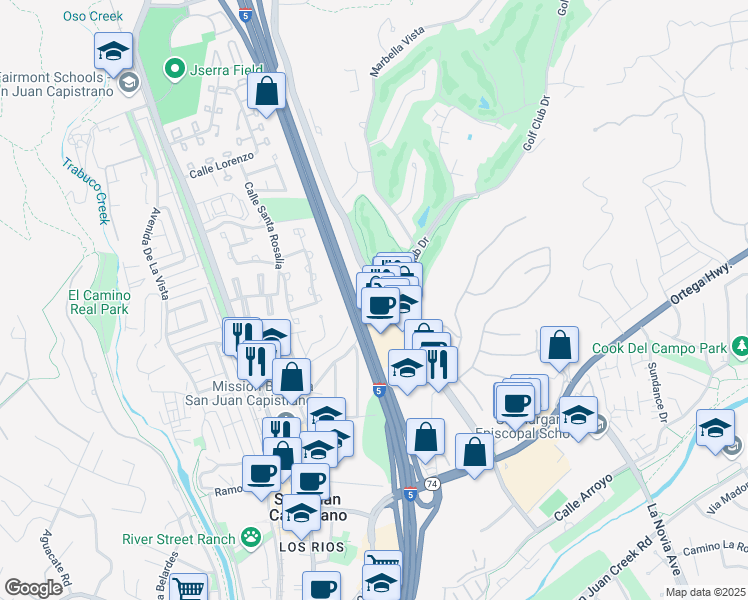map of restaurants, bars, coffee shops, grocery stores, and more near 31001 Rancho Viejo Road in San Juan Capistrano