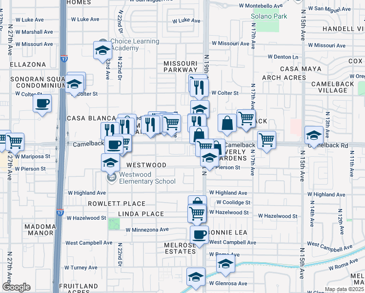 map of restaurants, bars, coffee shops, grocery stores, and more near 1951 W Camelback Rd in Phoenix