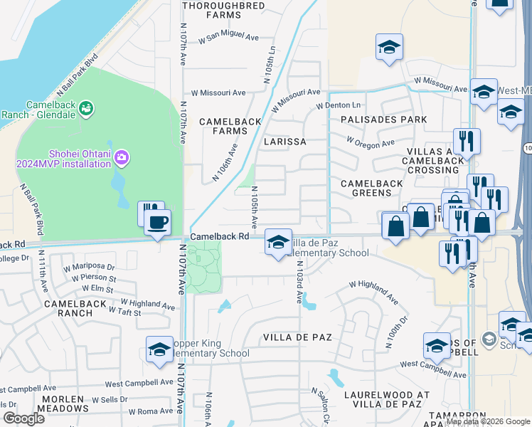 map of restaurants, bars, coffee shops, grocery stores, and more near 10455 West Reade Avenue in Glendale