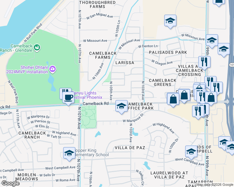 map of restaurants, bars, coffee shops, grocery stores, and more near 10451 West Reade Avenue in Glendale