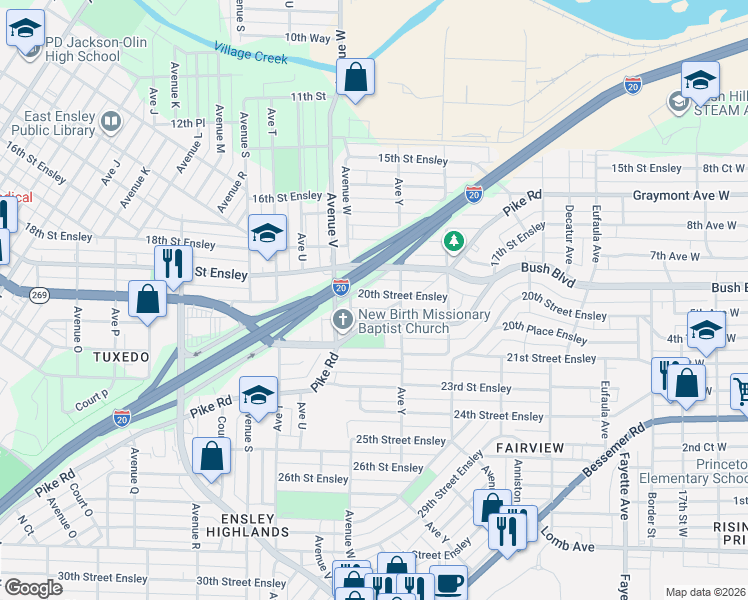 map of restaurants, bars, coffee shops, grocery stores, and more near 2339 Bush Boulevard in Birmingham