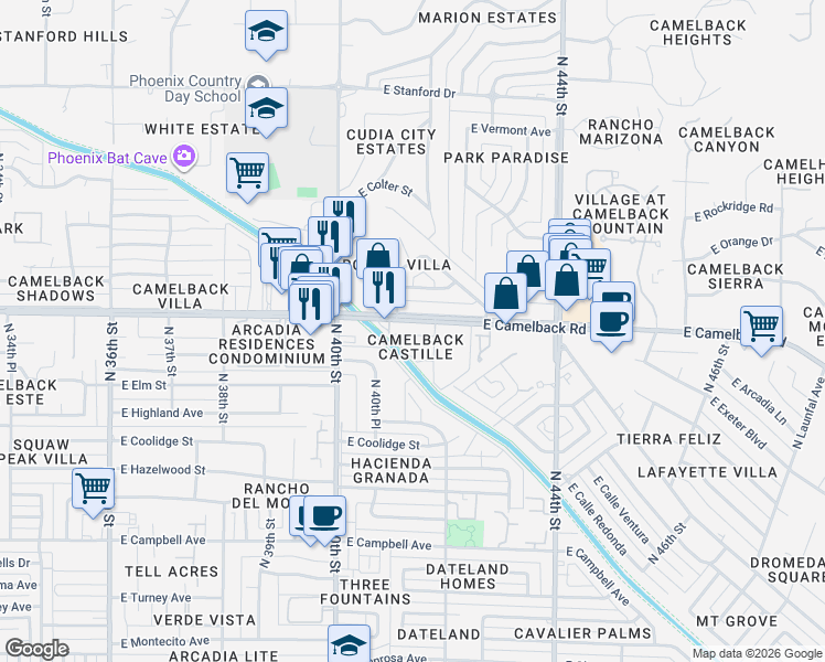 map of restaurants, bars, coffee shops, grocery stores, and more near 4106 East Camelback Road in Phoenix
