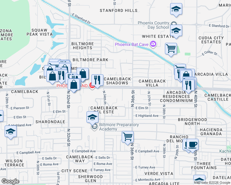 map of restaurants, bars, coffee shops, grocery stores, and more near 3501 East Camelback Road in Phoenix