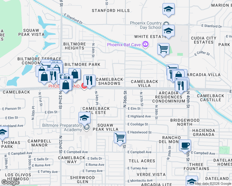 map of restaurants, bars, coffee shops, grocery stores, and more near 4835 North 35th Place in Phoenix